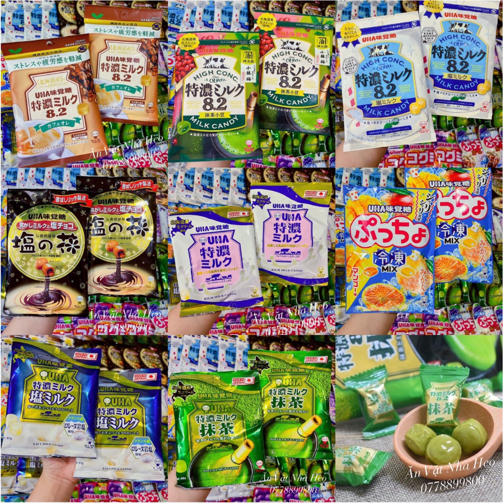 8 vị Kẹo UHA Nhật Bản trà xanh - trà xanh đậu đỏ - sữa bò - trái cây mix-