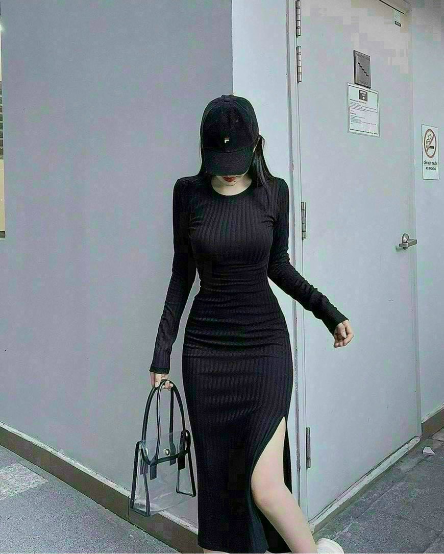Đầm body thun tay dài năng động dài qua gối form ôm không xẻ tà màu đen freesize