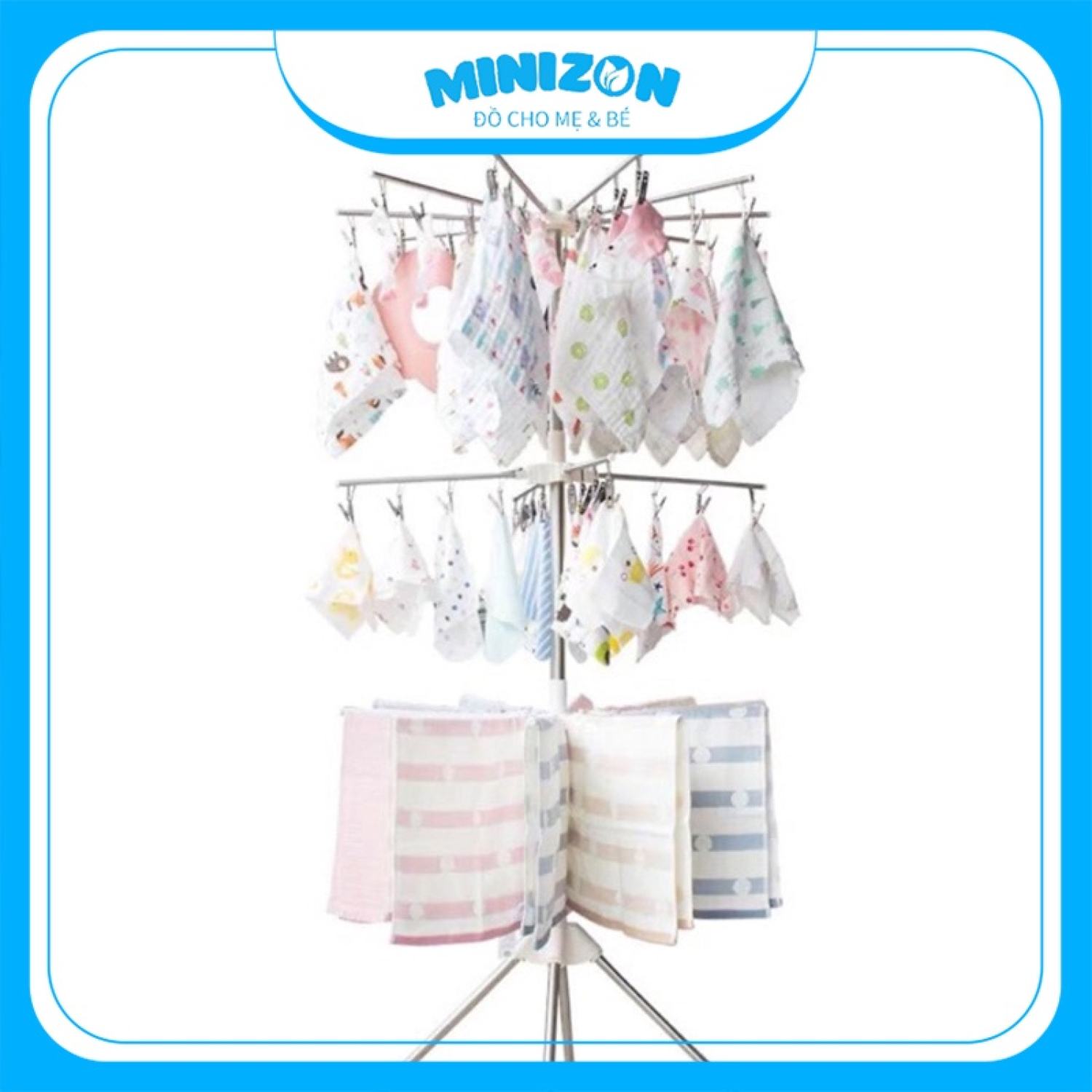 Cây phơi đồ đứng pier inox 3 tầng 56 móc kẹp phơi quần áo cho bé | minizon kids