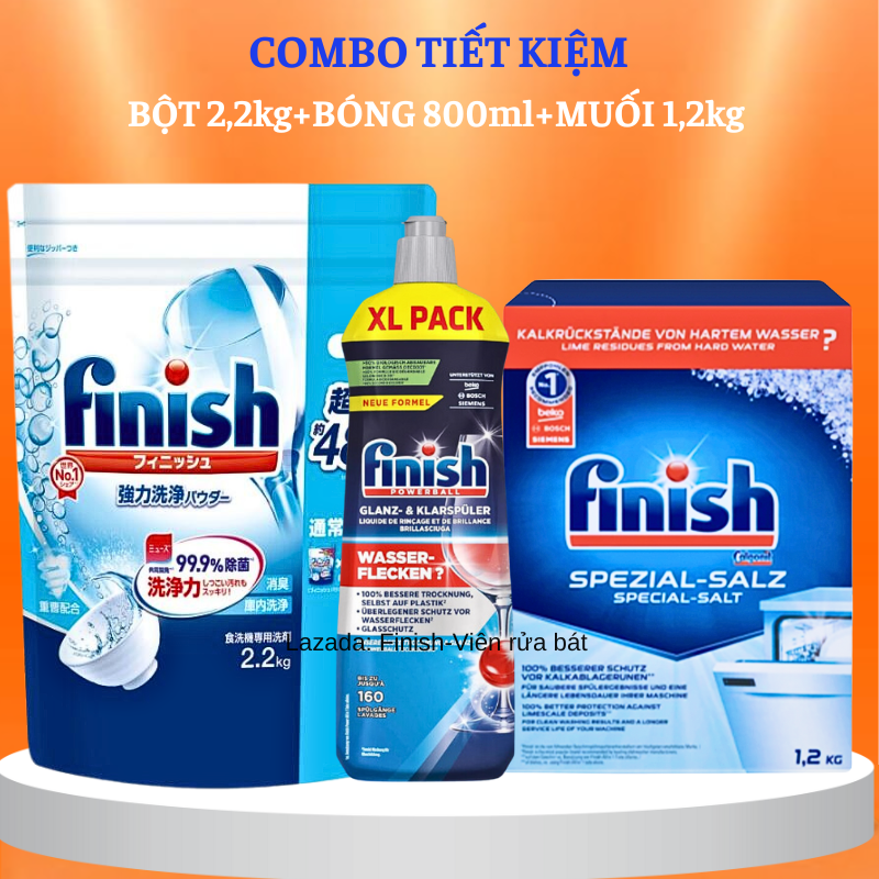 Combo Bột rửa bát finish 2,2 kg +Bóng finish 800ml+Muối finish 1,2kg đủ loại chuyên dùng cho máy rửa chén máy rửa bát