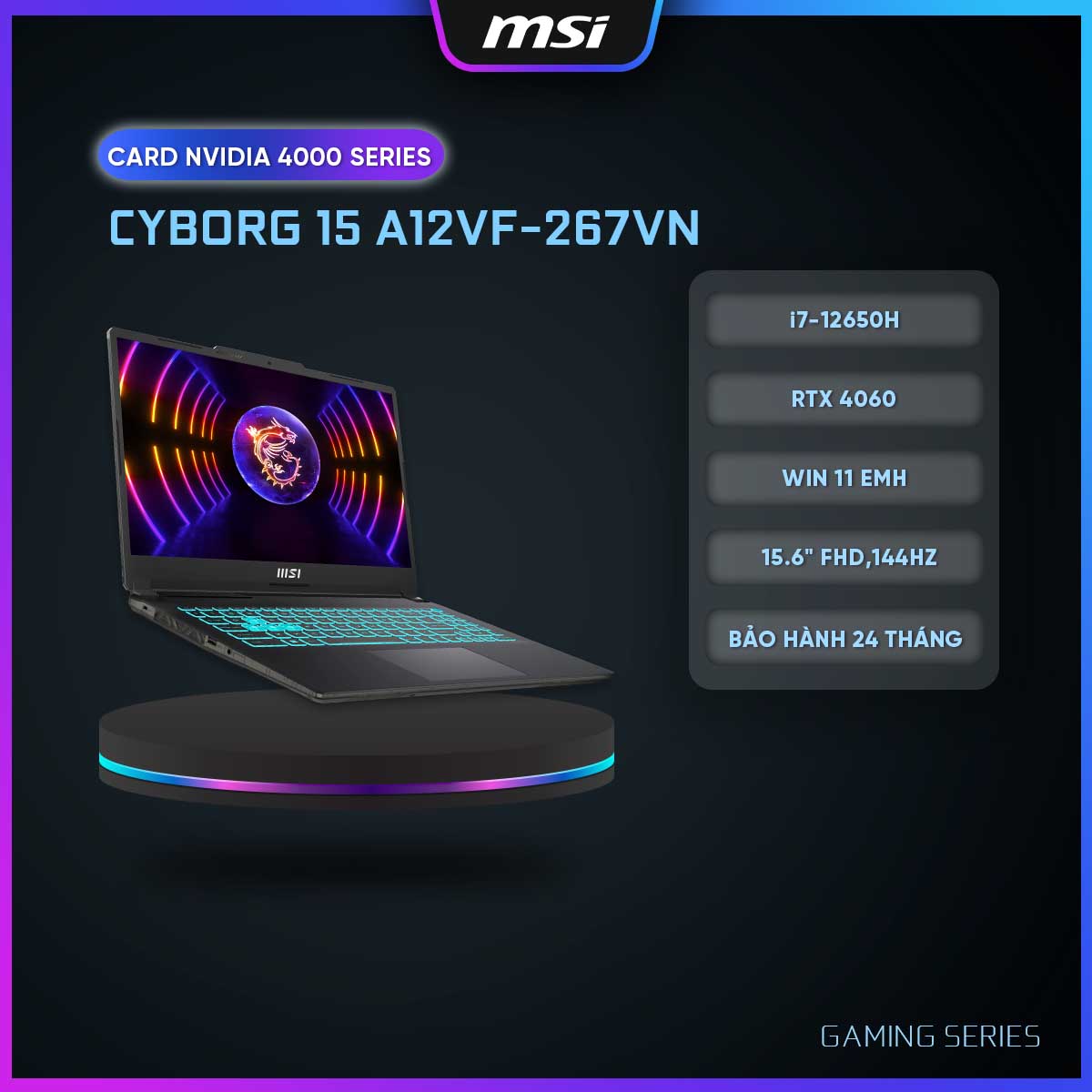 Msi laptop gaming cyborg 15 a12vf-267vn|i7-12650h|rtx 4060|ddr5 8gb|512gb ssd|15.6" fhd,144hz