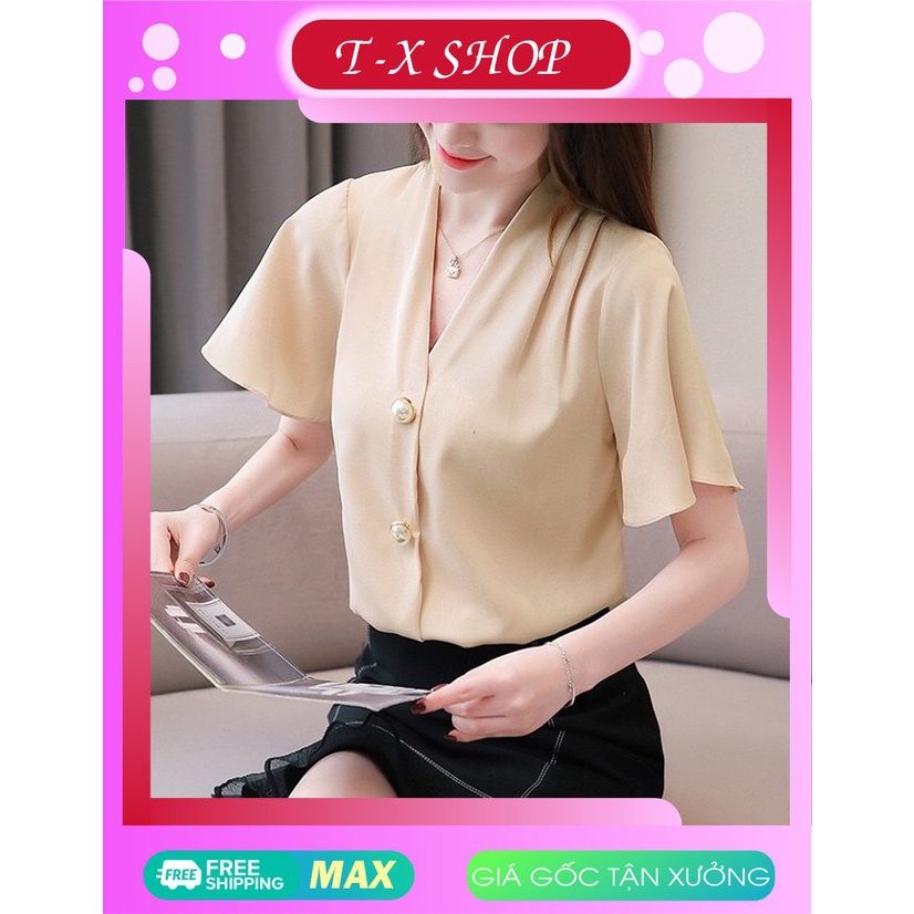 Áo kiểu cổ v phối nút tay cánh dơi