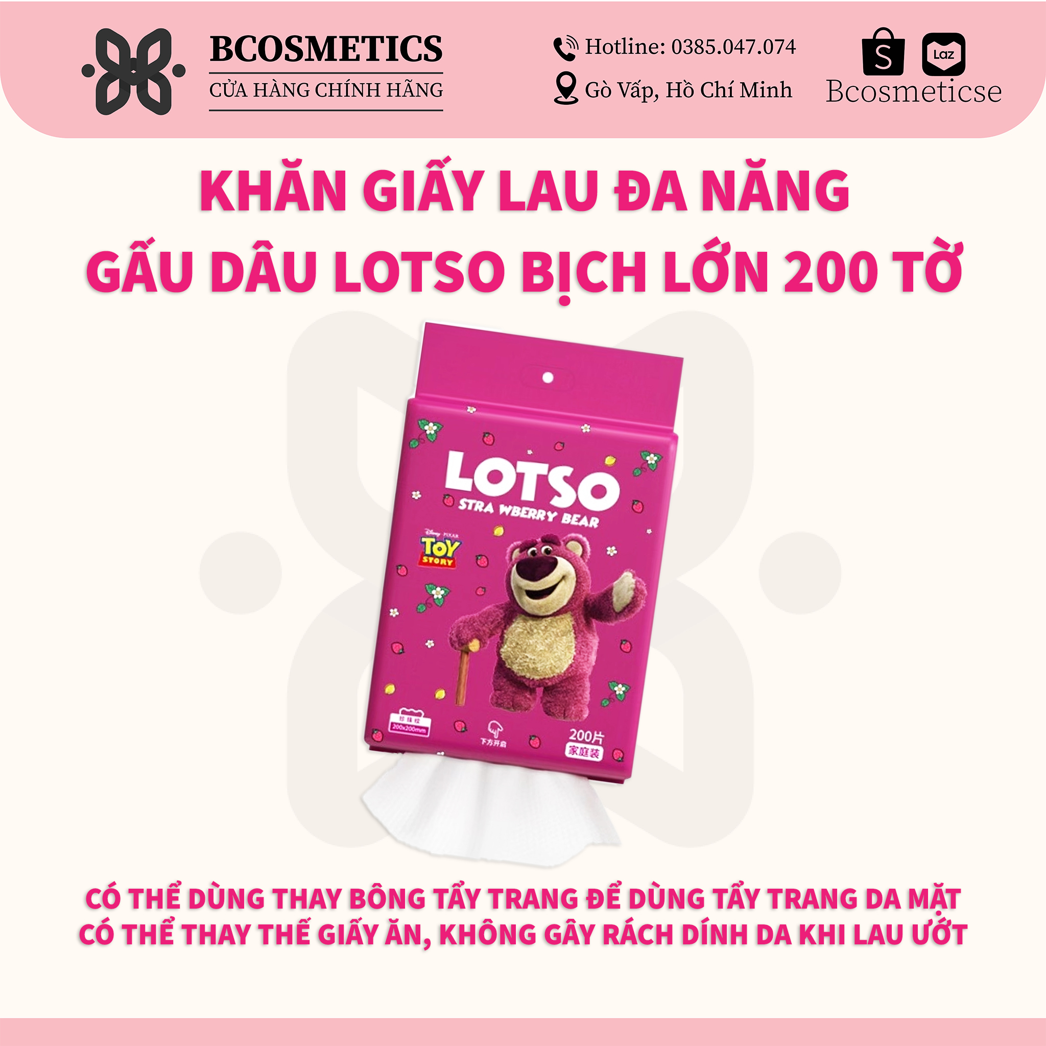 Khăn giấy lau đa năng gấu dâu LOTSO bịch lớn 200 tờ ,khăn lau mặt dùng 1 lần