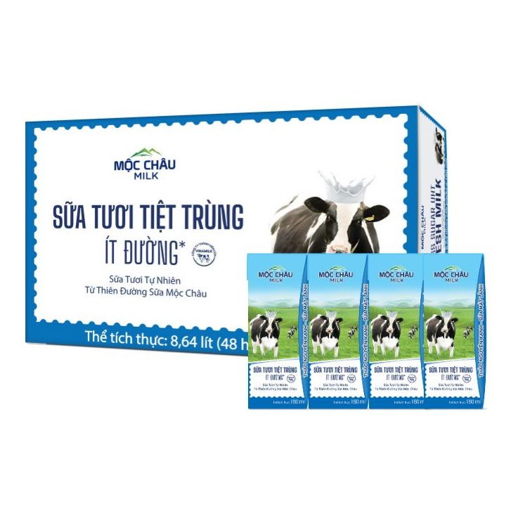 Thùng 48 hộp Sữa tươi tiệt trùng Ít đường 180ml Mộc Châu Milk