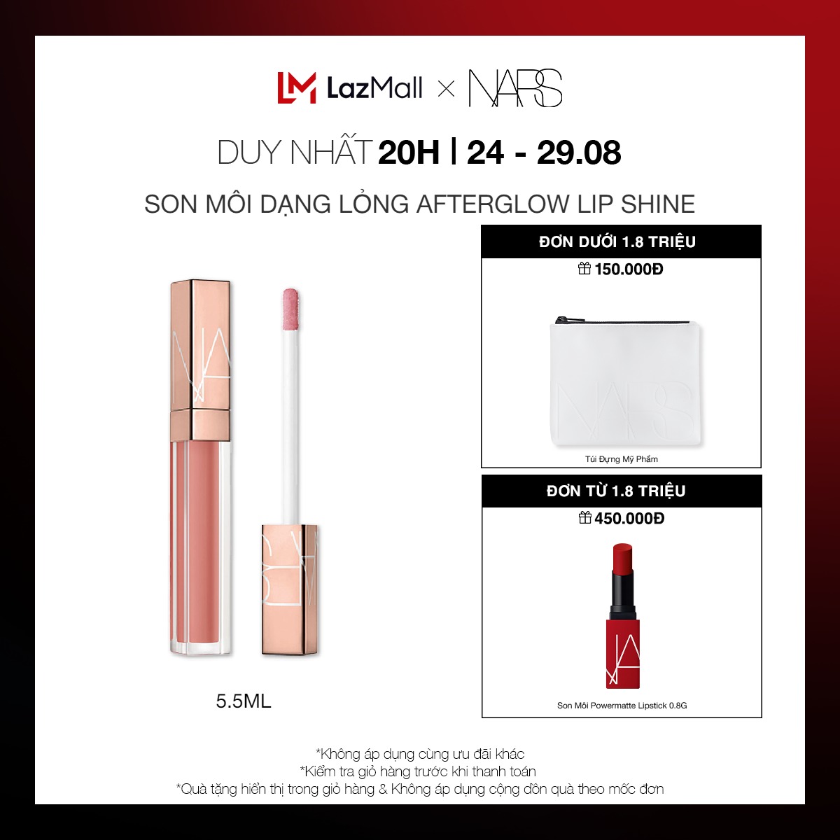 [20H | 24-29.08 | QUÀ TẶNG ĐẾN 450K] Son bóng NARS Afterglow Lip Shine 5.5ml