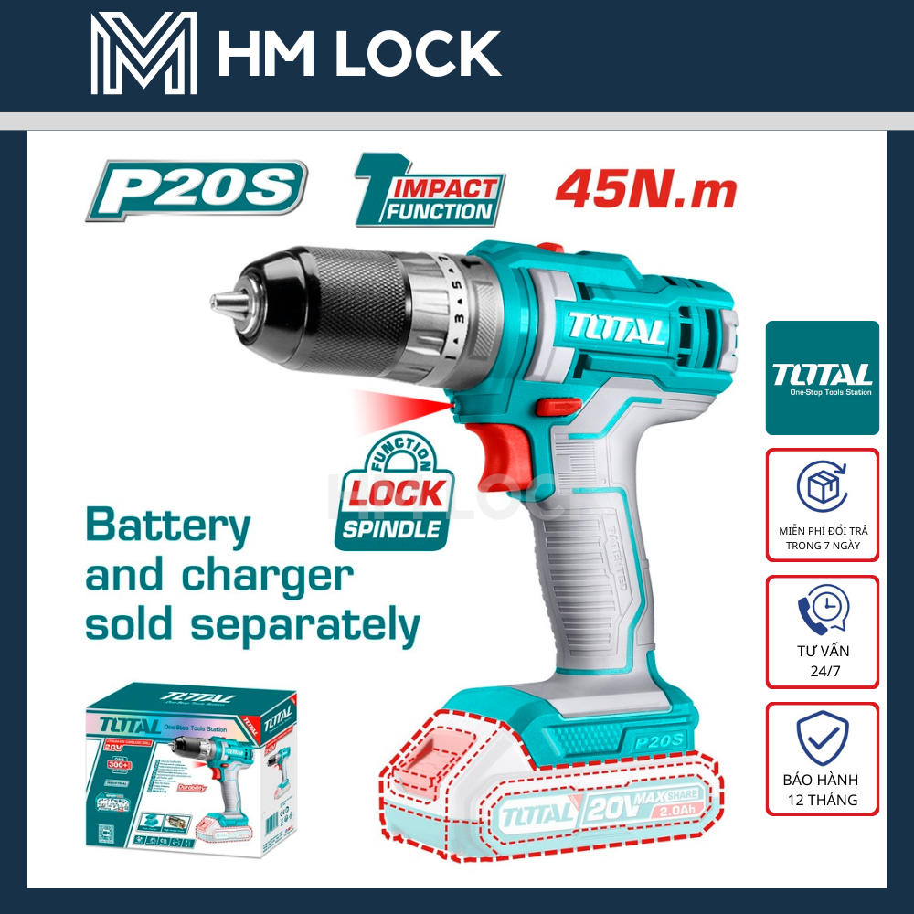   GIẢM 50%  MÁY KHOAN BÚA PIN TOTAL 20V   45NM - ĐẦU CẶP KIM LOẠI HỘP SỐ 2 CẤP 18+1+1 - CHỨC NĂNG KHÓA TRỤC CHÍNH ĐẦU KHOAN KHÓA TỰ ĐỘNG - HÀNG CHÍNH HÃNG - TIDLI201455 