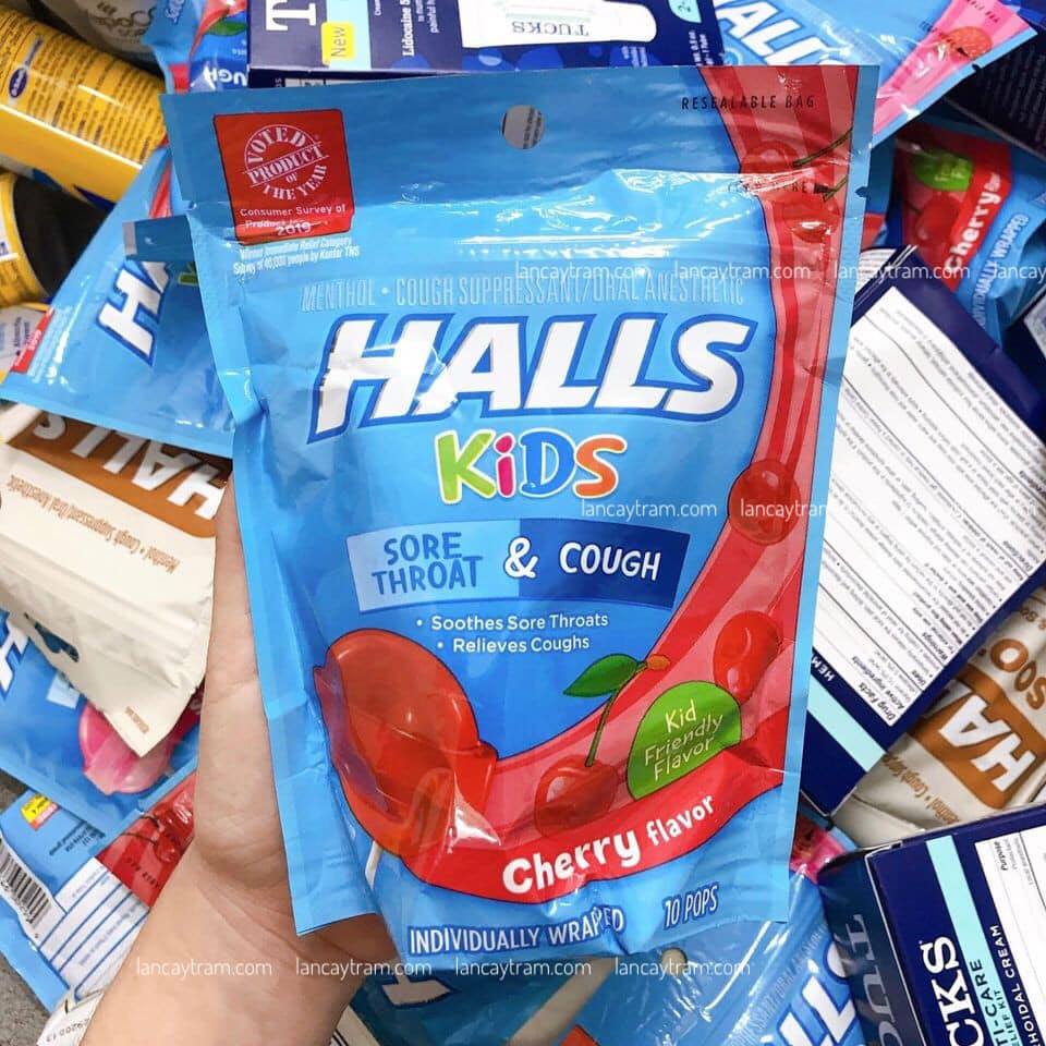 Kẹo mút ngừa ho, giảm đau họng cho bé halls kids vị trái cây