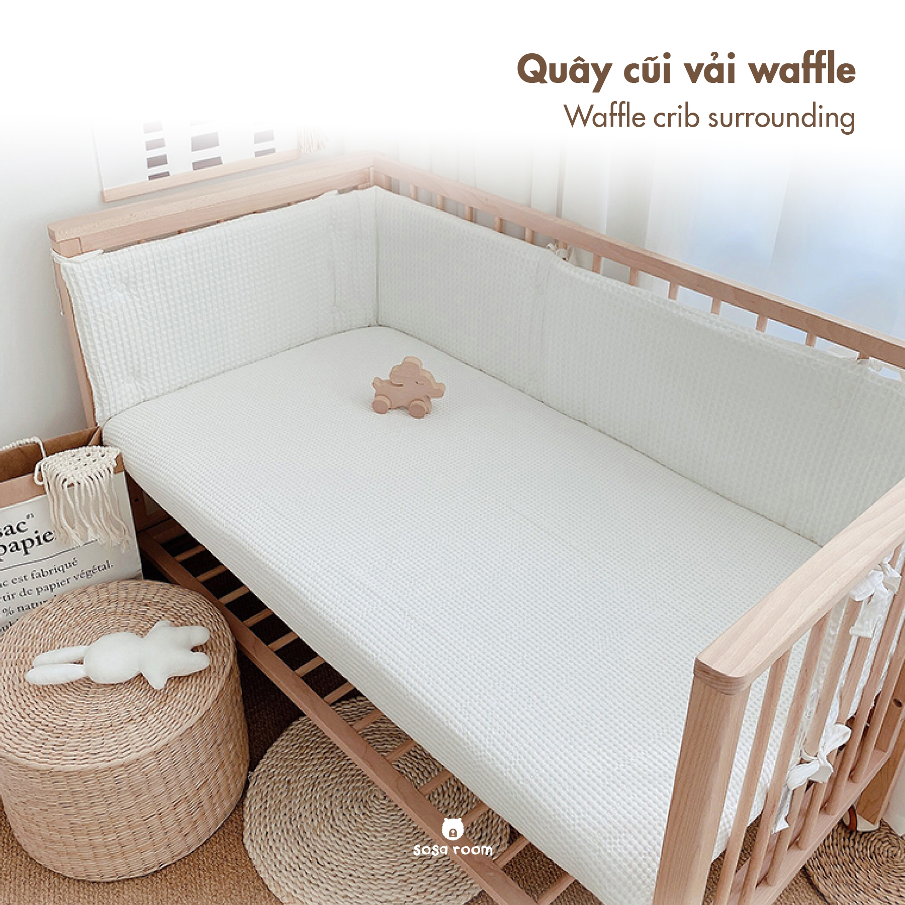 Miếng quây cũi cho bé, vải waffle thông thoáng, trần bông hữu cơ, quây đơn dài 200cm/240cm