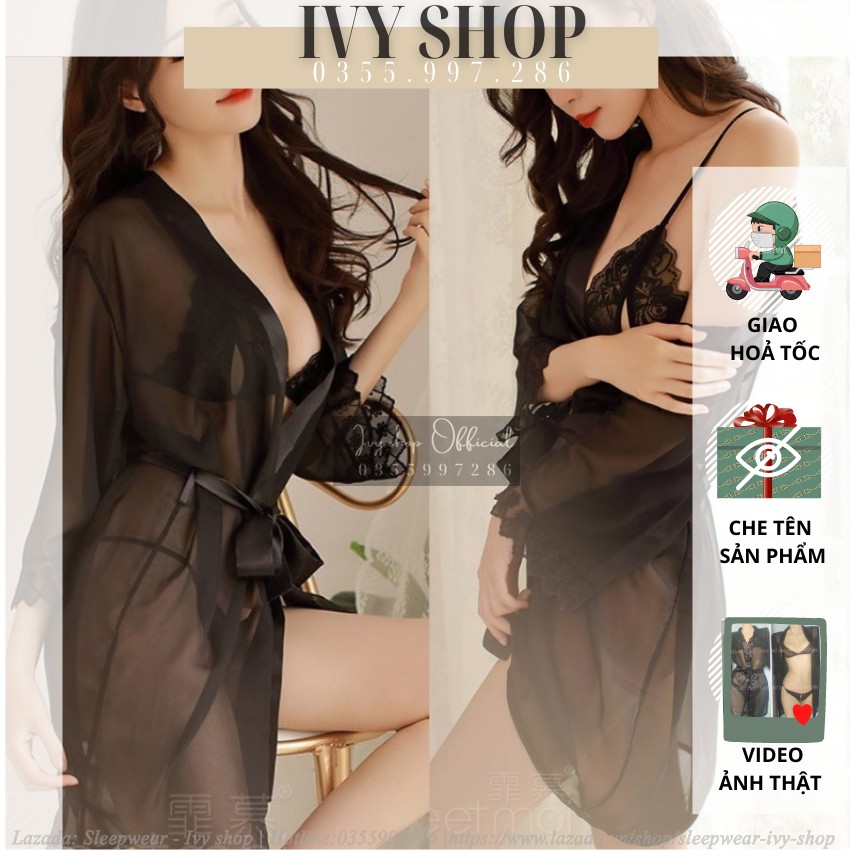 Áo choàng ngủ kèm set bikini cao cấp, set đồ ngủ sexy xuyên thấu gồm áo choàng + đồ lót mã acbi001, màu đen,trắng tkvn