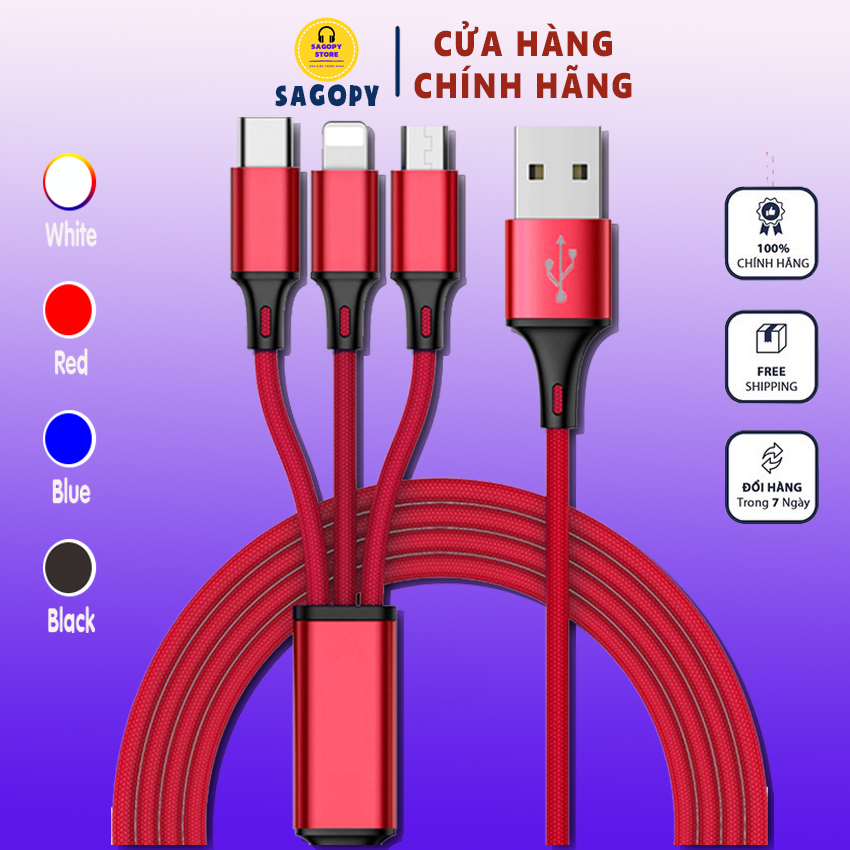 Dây cáp sạc iphone Lightning, Samsung type C, Micro Oppo, dây cáp sạc điện thoại 3 đầu bọc dù hỗ trợ sạc nhanh Sagopy