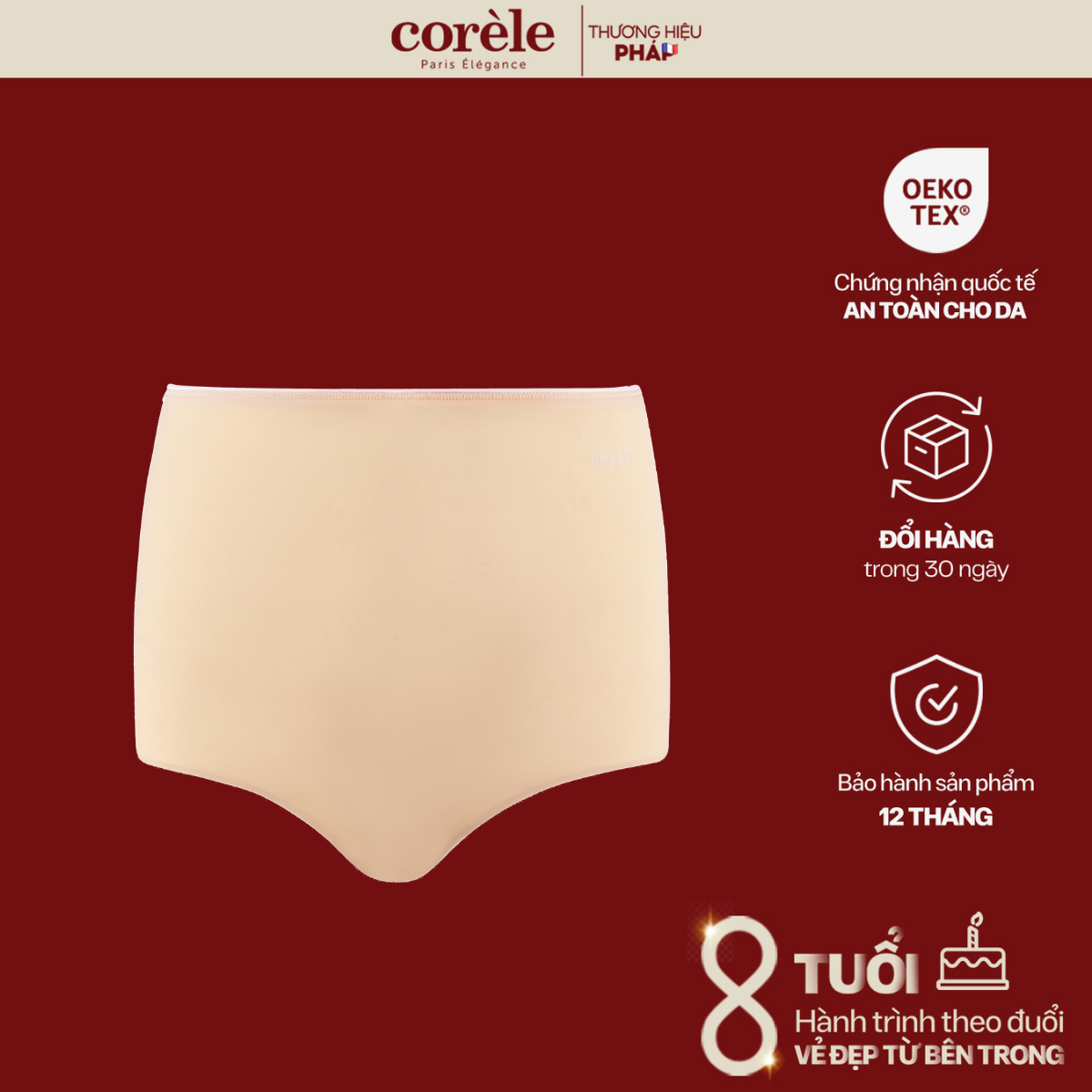 Quần lót nữ lưng cao, thun lạnh su đúc, không đường may, che phủ vùng mông tốt không thâm mông Corèle V Pháp - 03137A