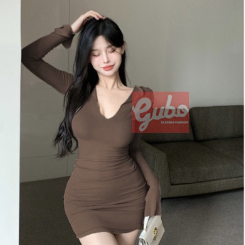 Váy dài tay body spice girl basic  Đầm nữ dáng dáng ôm cổ chữ V gợi cảm nhiều màu ulzzang GUBO79150