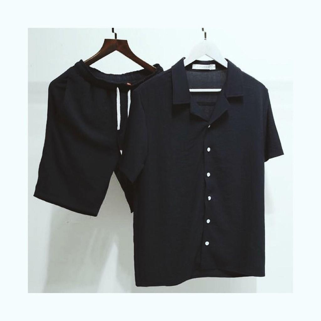 [HCM]Áo sơ mi cổ vest đen trơn tay lửng - Black Shirt Unisex - Sơmi form rộng tay lỡ màu đen