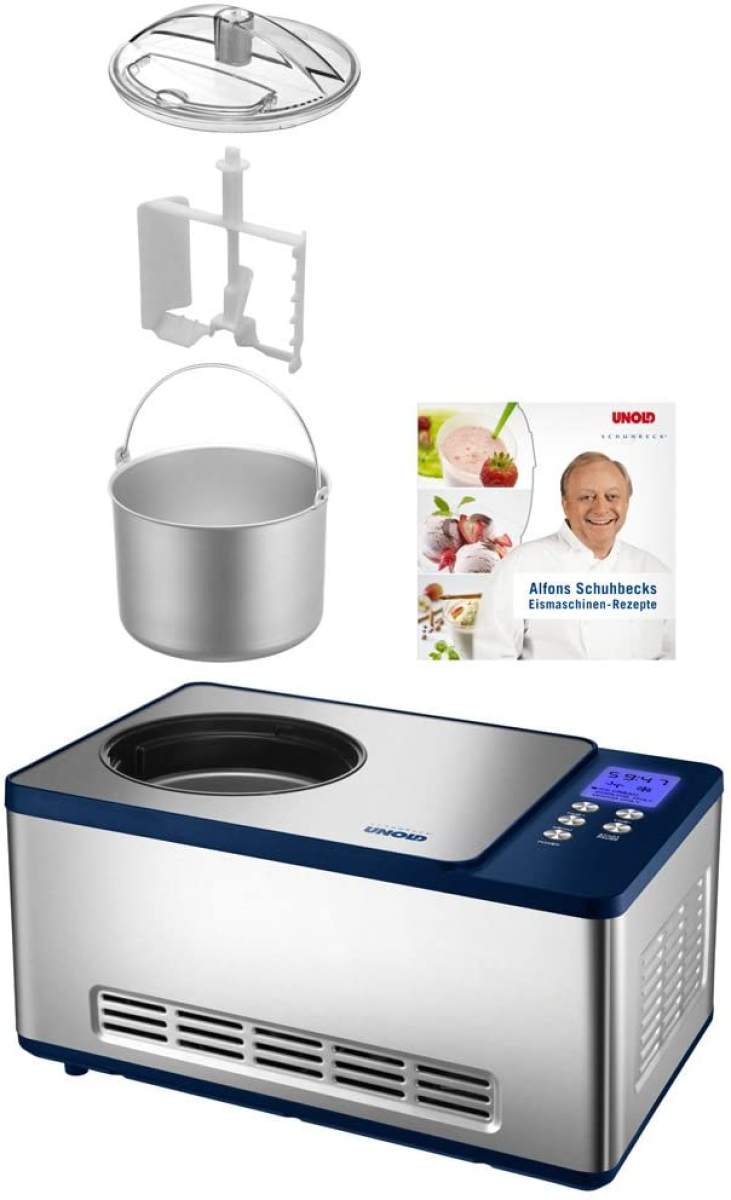 Máy làm kem unold 48818, với máy nén tự động, tự làm đông lạnh, dung tích 1,5 lít kem, thép không gỉ, màu bạc