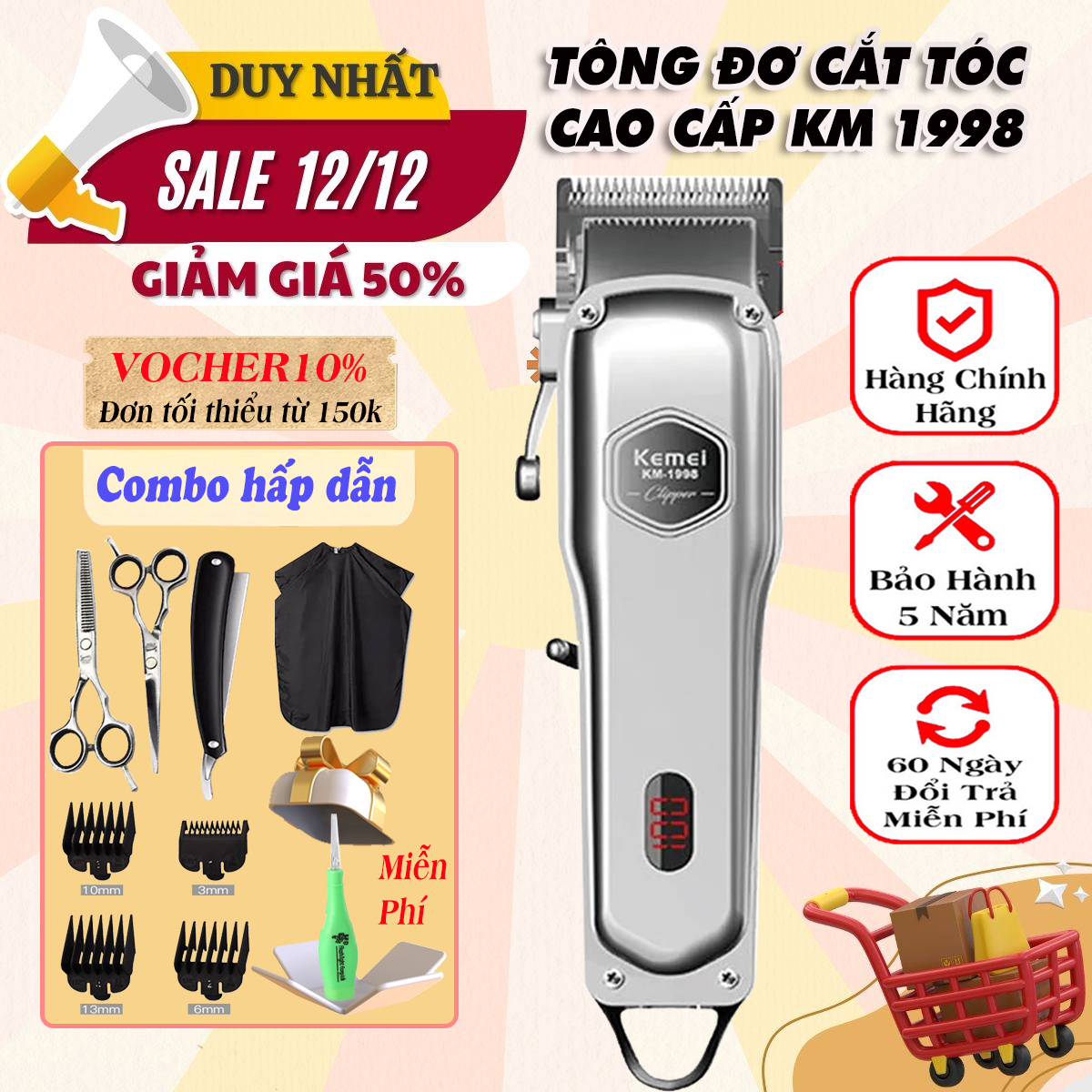 Tông đơ cắt tóc Kemei 1998 thân nhôm nguyên khối tăng đơ hớt tóc chuyên nghiệp không dây sạc pin đẳng cấp như tong do cat toc kemei KM 1997 Tặng kéo cắt tỉaáo choàng dao cạo tócrâulông mặt