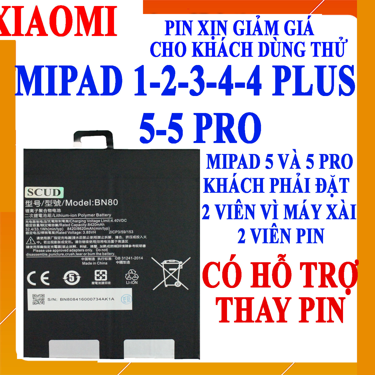 Pin scud cho xiaomi mipad 1/mipad 2/mipad 3/mipad 4/mipad 4 plus/mipad 5/mipad 5 pro/mi pad 1/mi pad 2/mi pad 3/mi pad 4/mi pad 4 plus/mi pad 5/mi pad 5 pro