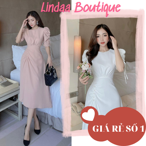 Đầm dự tiệc midi tay rút nhún eo đính hạt anne dress