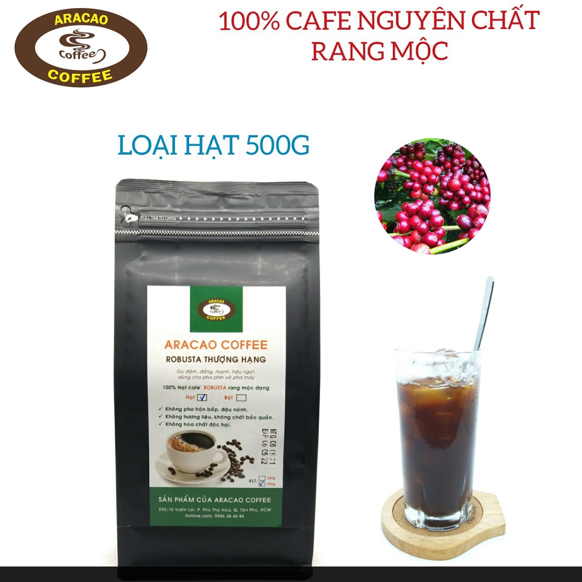 [HCM]Cà phê rang xay ROBUSTA THƯỢNG HẠNG- ARACAO COFFEE- thơm đậm đắng mạnh hậu ngọt [Gói HẠT 500g]