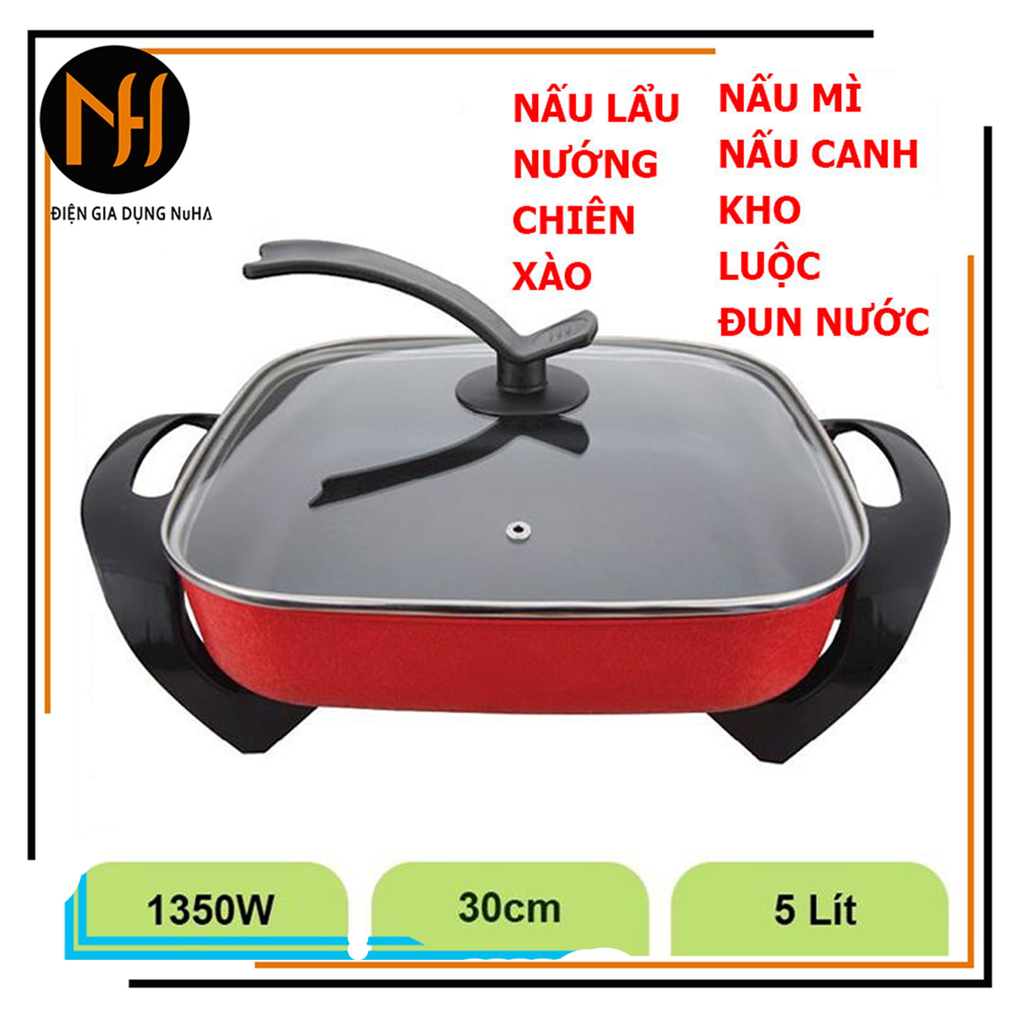 Nồi lẩu điện nướng 5l greencook gceh30 đa năng chống dính công suất 1350w với nhiều chức năng nấu nướng chiên xào bh 12 tháng