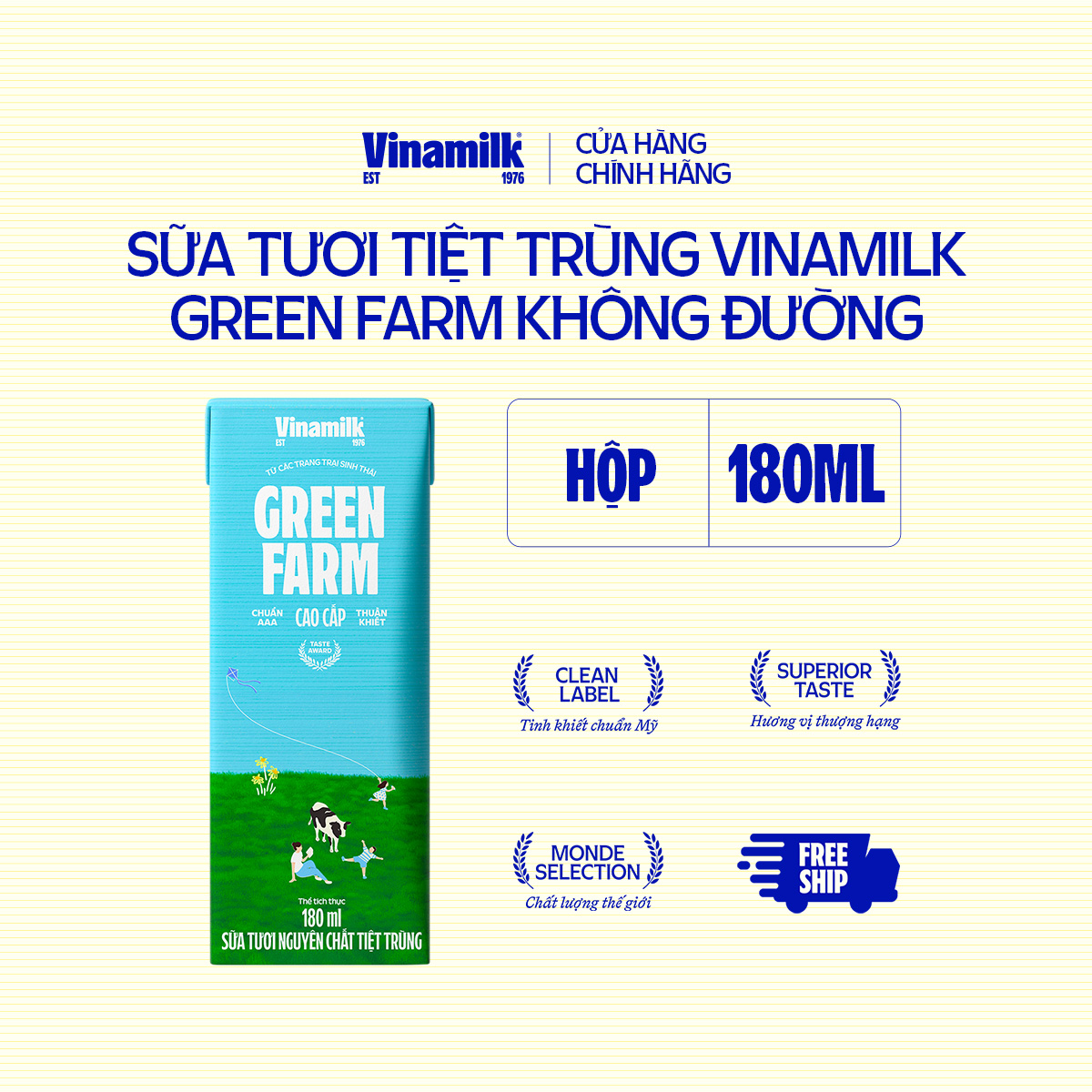 4 Lốc Sữa Tươi Tiệt Trùng Vinamilk Green Farm Không Đường - Lốc 4 Hộp 180ml