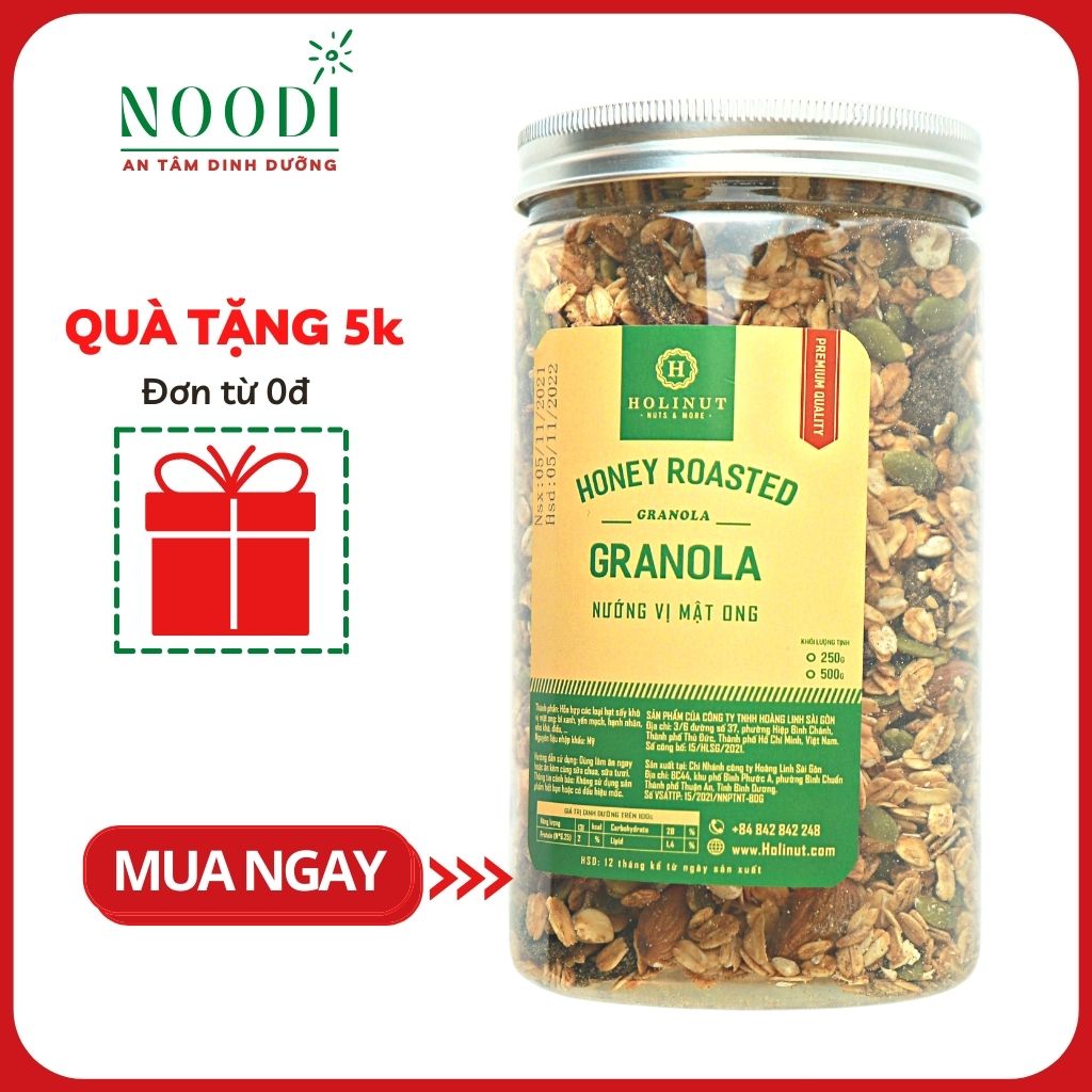 Granola ngũ cốc hoa quả sấy khô Holinut 500g, Ngũ cốc nguyên hạt dinh dưỡng giảm cân siêu hạt không đường phù hợp ăn kiêng, ăn sáng Noodi