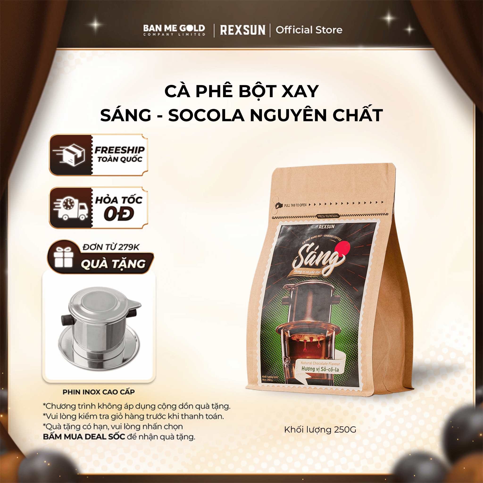 TẶNG TÚI CANVAS Cà Phê Socola Cao Cấp Bột Xay - Sáng - 250g 500g - Cafe Rang Xay Pha Phin Vị Chocolate Chính Hãng Ban Me Gold - REXSUN