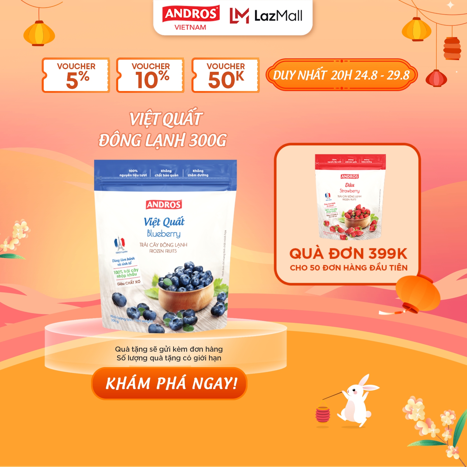 [Chỉ Giao Hỏa Tốc - HCM] Việt Quất Đông Lạnh - Không chất bảo quản - Trái cây đông lạnh ANDROS IQF - 300g