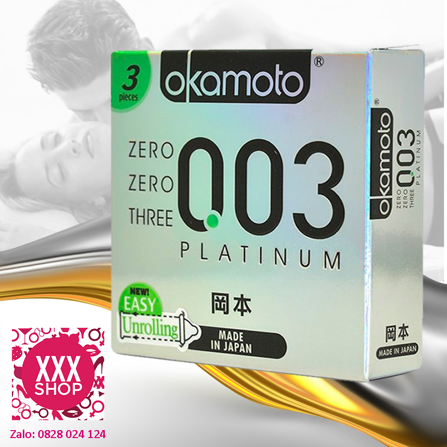 Bao cao su Okamoto 0.03 Platinum cực siêu mỏng trong suốt mềm mại - Hộp 3 cái