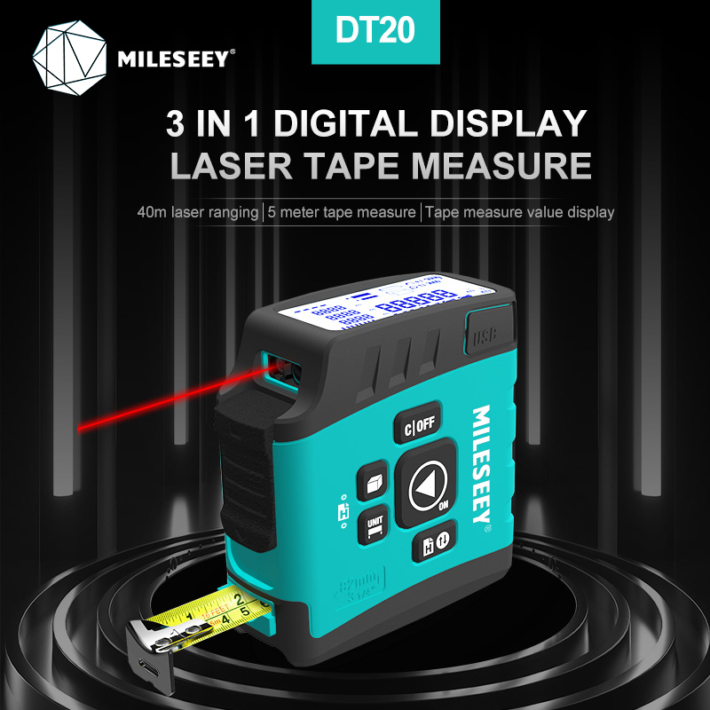 Mileseey Băng đo laser kỹ thuật số Tuscany DT20 3 trong 1, băng nguồn, máy đo khoảng cách laser có thể sạc lại 40m Bluetooth