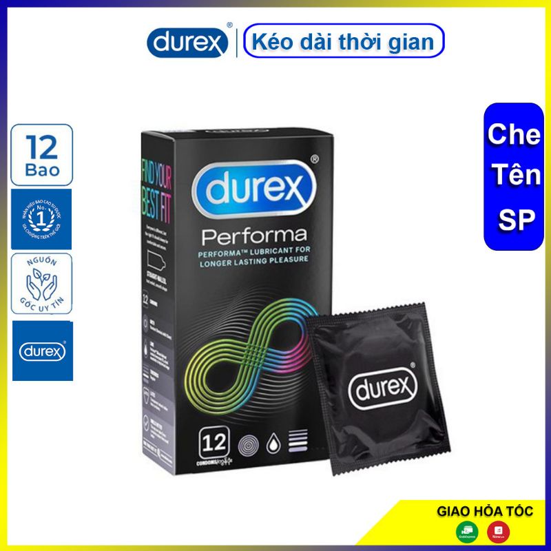 Bao cao su Durex Perfoma 12 bao. Bcs Kéo dài thời gian cam kết chính hãng, che tên sản phẩm.