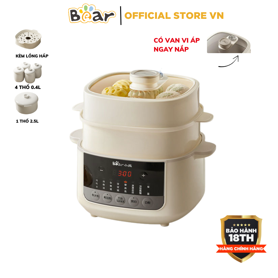 Nồi Nấu Cháo Chậm 2.5L Bear DDZ-J25G2, Kèm Xửng Hấp, 8 Chế Độ Nấu, Có Hẹn Giờ, Bảo Hành 18 Tháng