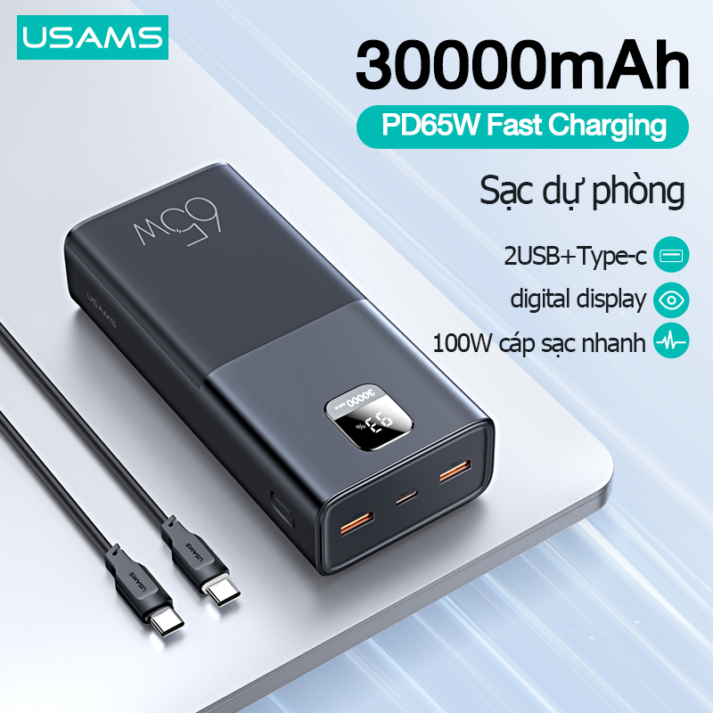 USAMS 30000mAh Sạc Dự Phòng Sạc nhanh PD65W với cáp sạc PD100W Type-c Hiển Thị Dung Lượng Kỹ Thuật Số Sạc Di Động Sạc Pin Ngoài Điện Thoại Di Động 2USB+Type-c Ports 30000mAh Sạc Dự Phòng Dành Cho