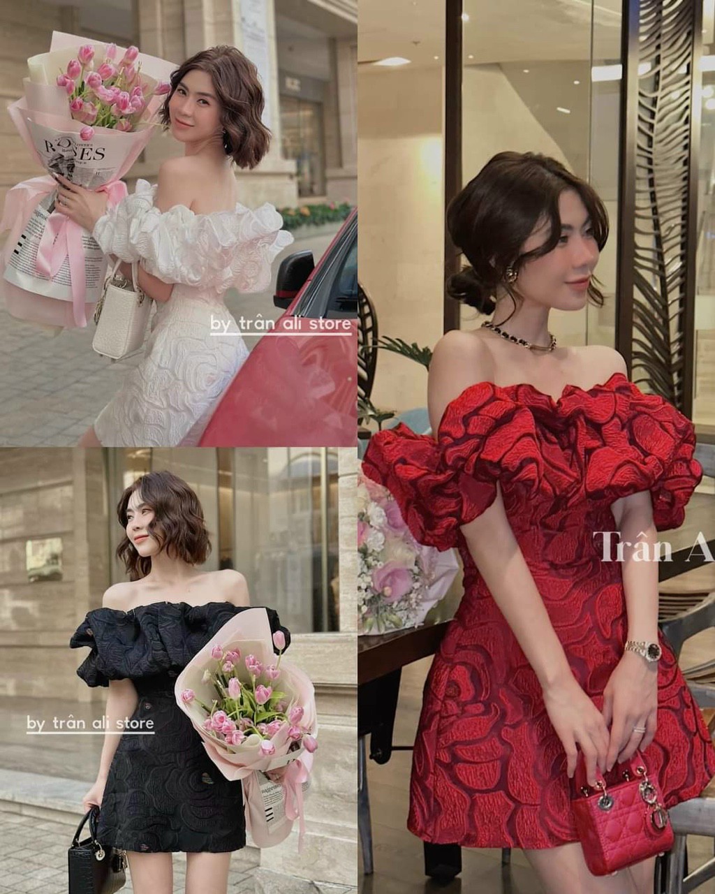 Đầm gấm hoa trể vai sang trọng tiểu thư up
