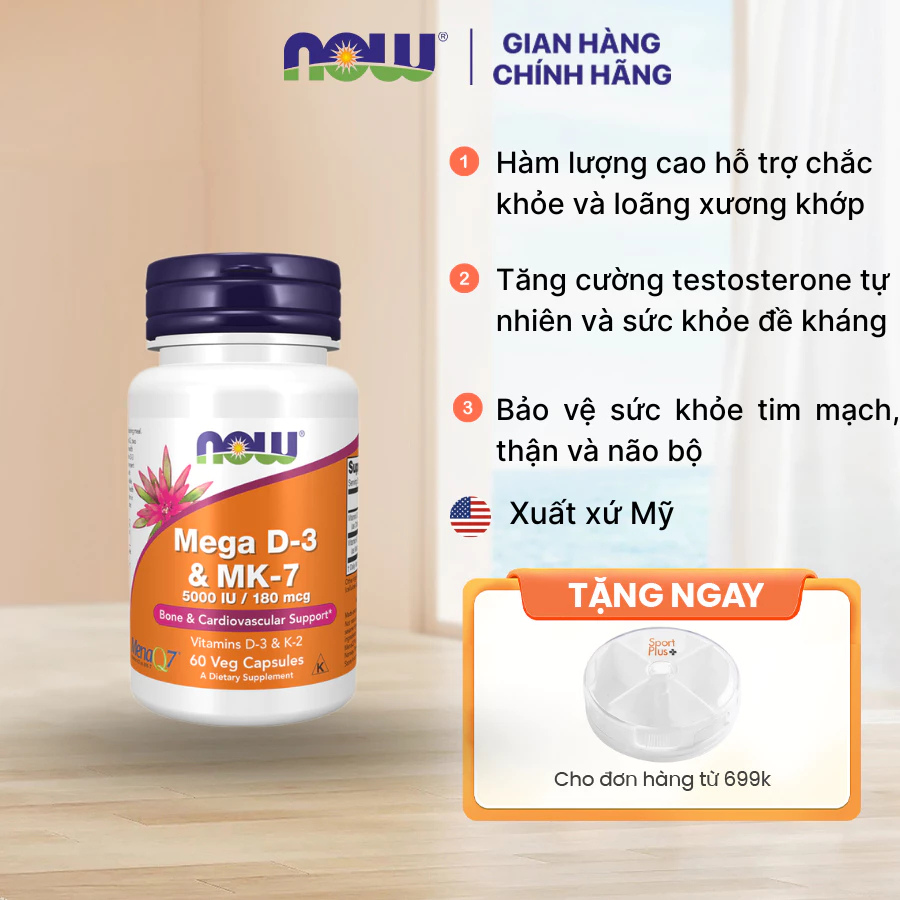 Viên uống Vitamin Mega D3 K2 (MK7) Now của Mỹ 60 viên, hỗ trợ xương, răng, tim mạch, tăng đề kháng