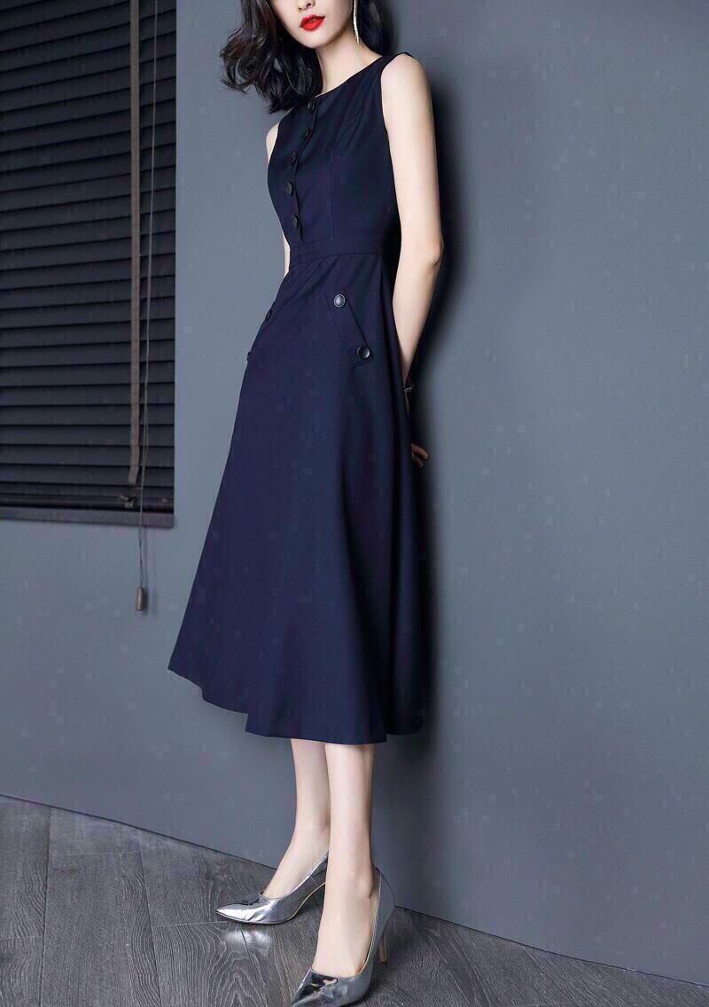 Đầm xòe sát nách phối nút cao cấp- Đầm xòe cao cấp-Đầm sát nách đẹp-Đầm cao cấp-Shop Tam Khanh An