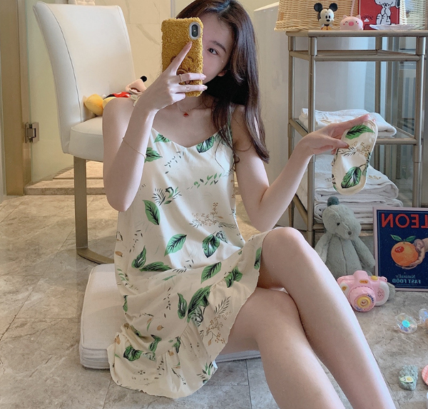 [Sale TẾT 3 Ngày] Váy ngủ 2 dây kiểu đuôi cá, có đệm ngực, họa tiết LÁ CÂY, nữ 40-55kg