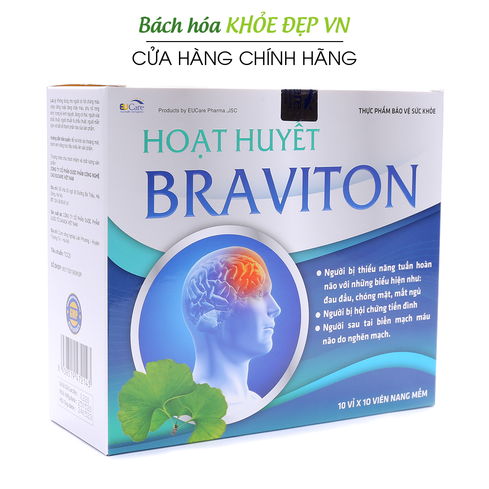 Hoạt huyết dưỡng não BRAVITON Ginkgo 180mg Giảm đau đầu, hoa mắt, chóng mặt - Hộp 100 viên sử dụng 50 ngày