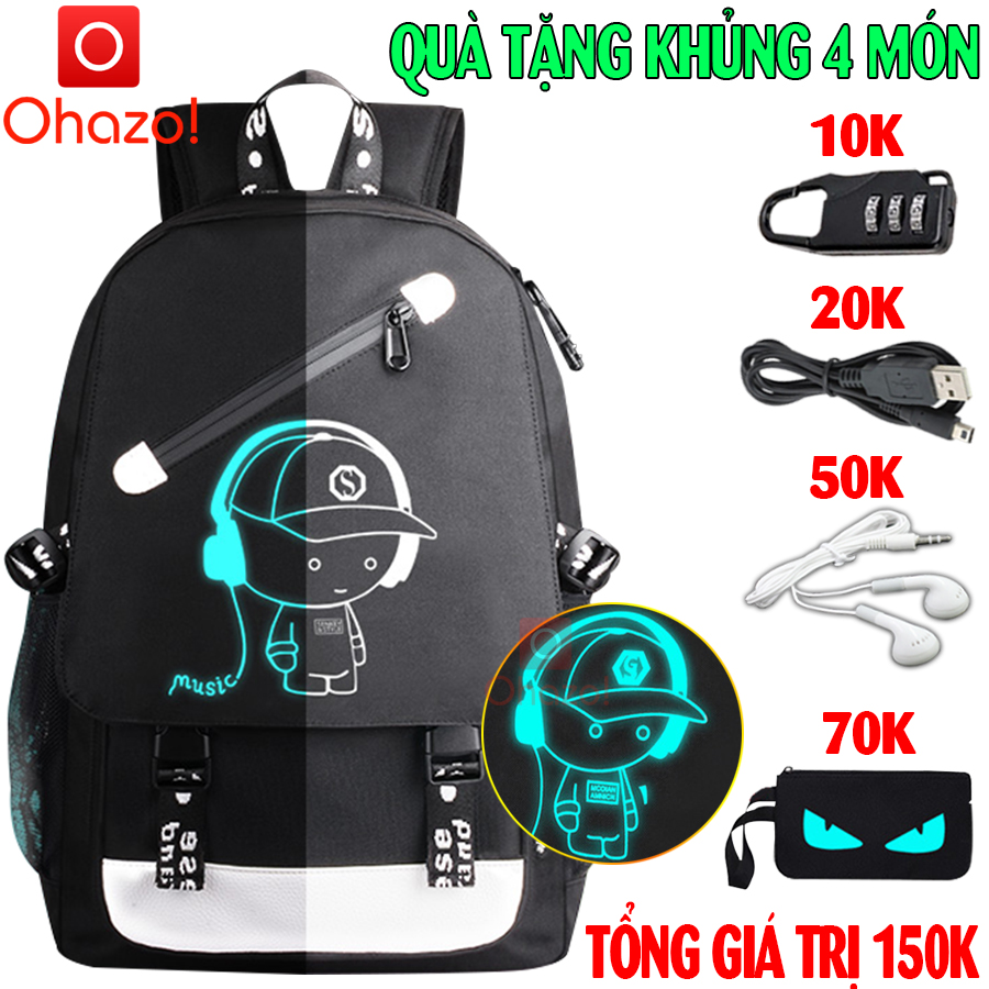 Balo nam nữ đi học phát sáng dạ quang Ohazo! đẳng cấp hình Boy Music cá tính + Tích hợp cổng sạc USB tiện lợi sạc điện thoại - Chất liệu bền bỉ - Tặng cáp sạc USB xịn - Balo đi học đi chơi - HOT trend nhất năm nay