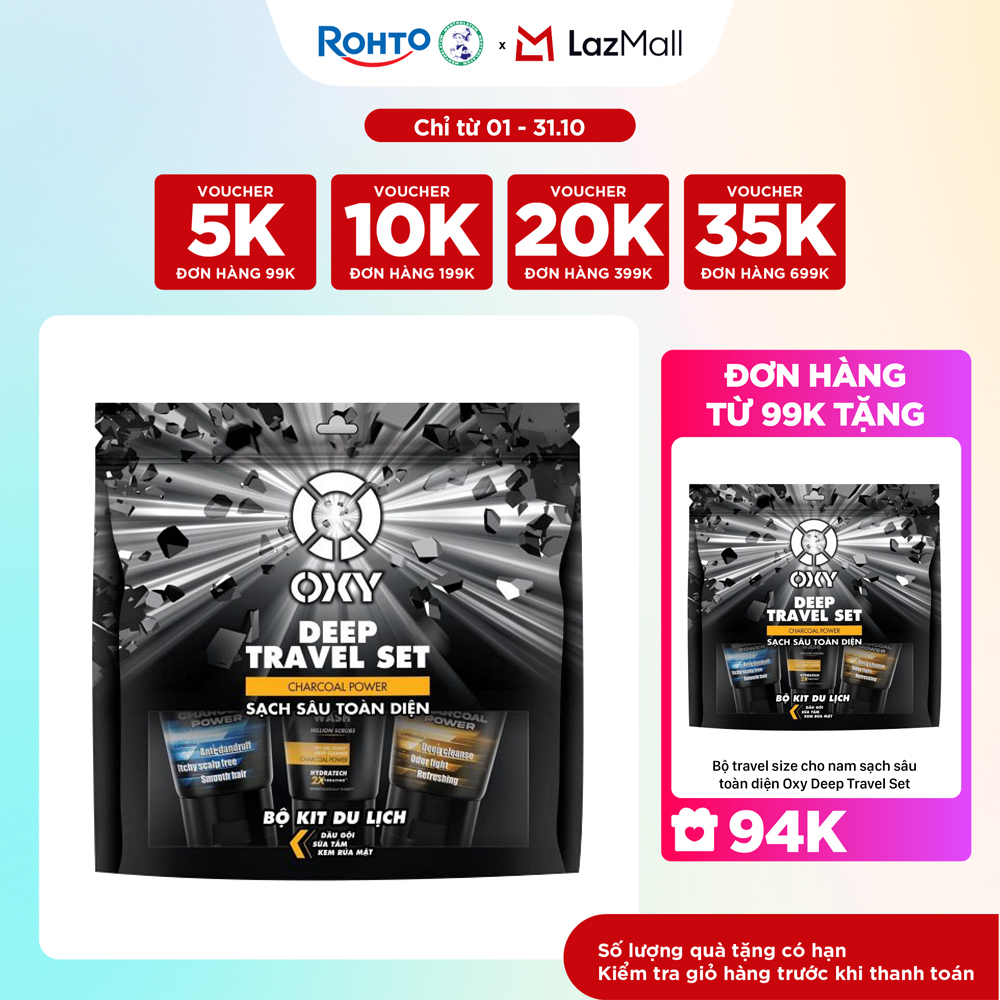 Bộ travel size cho nam sạch sâu toàn diện Oxy Deep Travel Set (Kem rửa mặt 25g + Dầu gội 50g + Sữa tắm 50g)