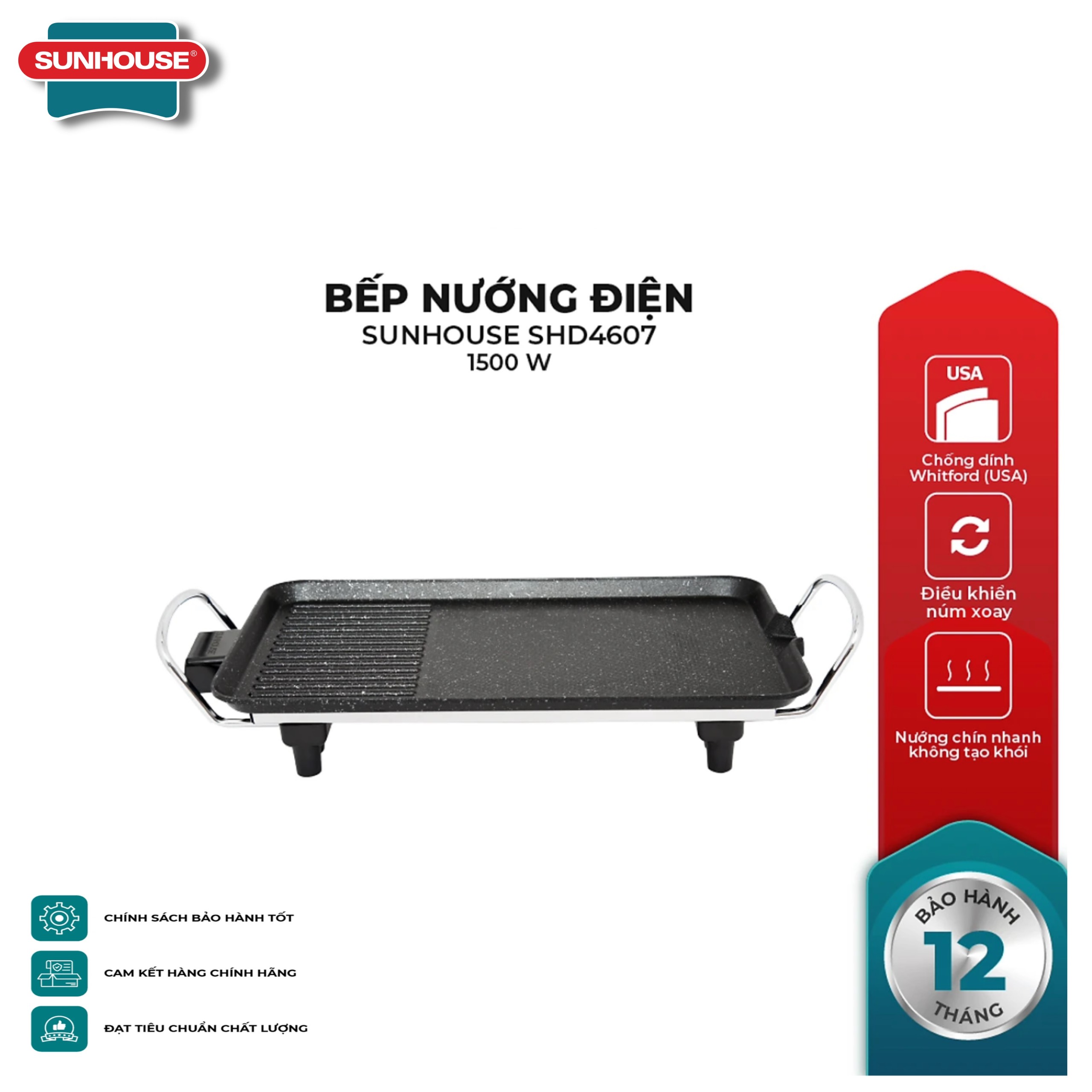 Shd4607 - bếp nướng điện sunhouse 1500w - bếp nướng điện sunhouse shd4607- bếp nướng không khói - vỉ nướng điện - bảo hành chính hãng 12 tháng