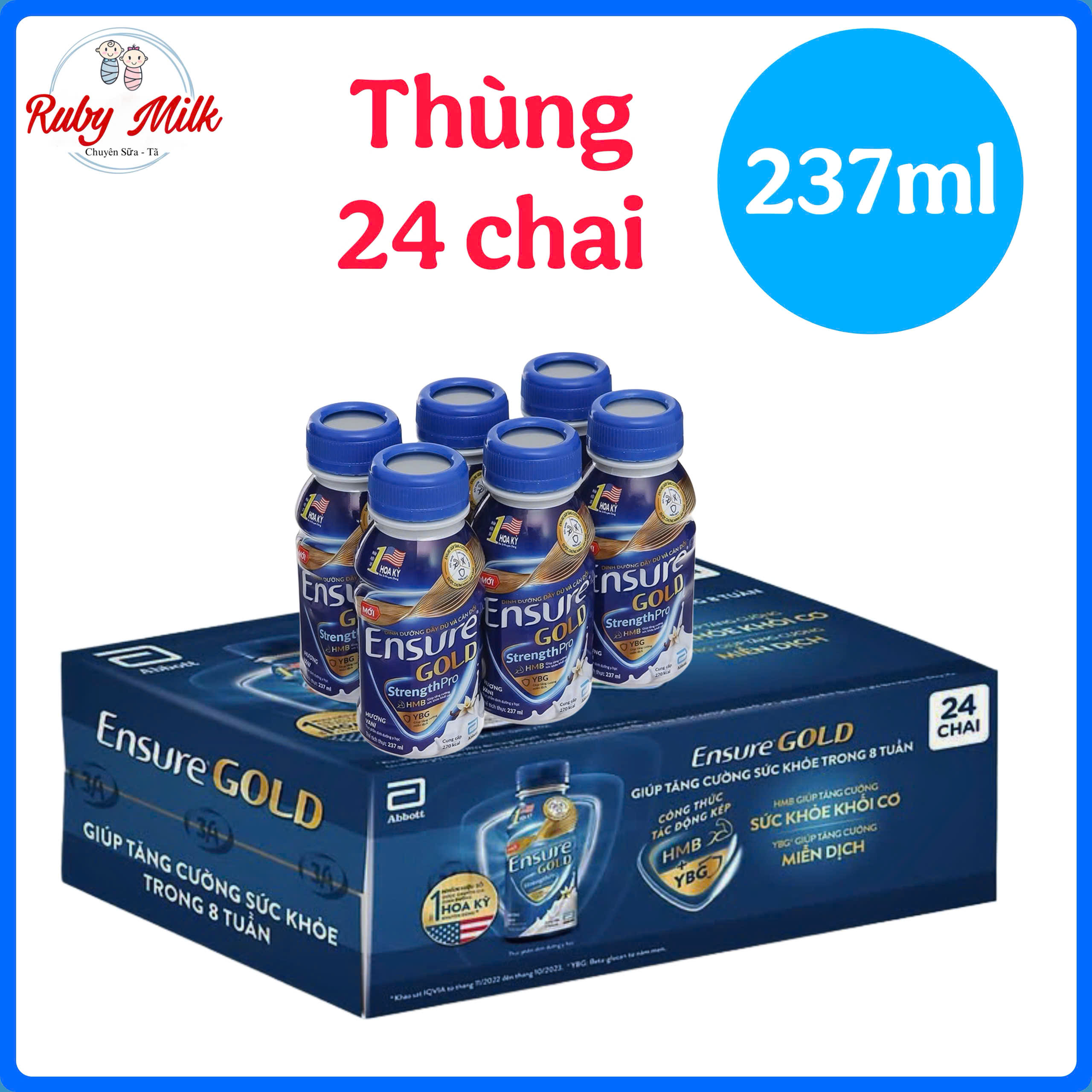  Thùng Sữa pha sẵn Ensure Gold 237ml  Thùng 24 chai  