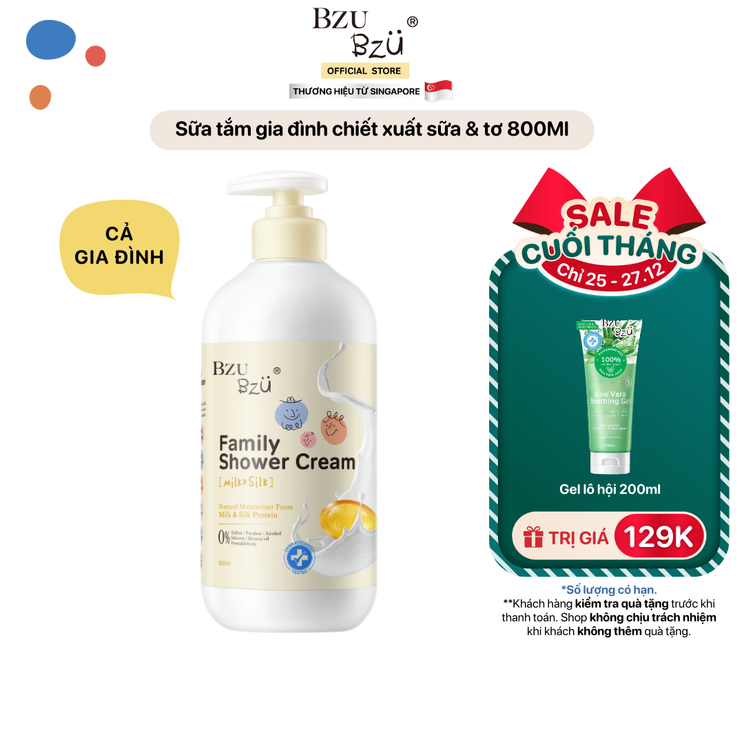 Sữa Tắm Gia Đình BZU BZU Family Shower Cream Milk & Silk Chiết Xuất Sữa & Tơ Giúp Da Sáng, Mềm Mịn Chai 800Ml