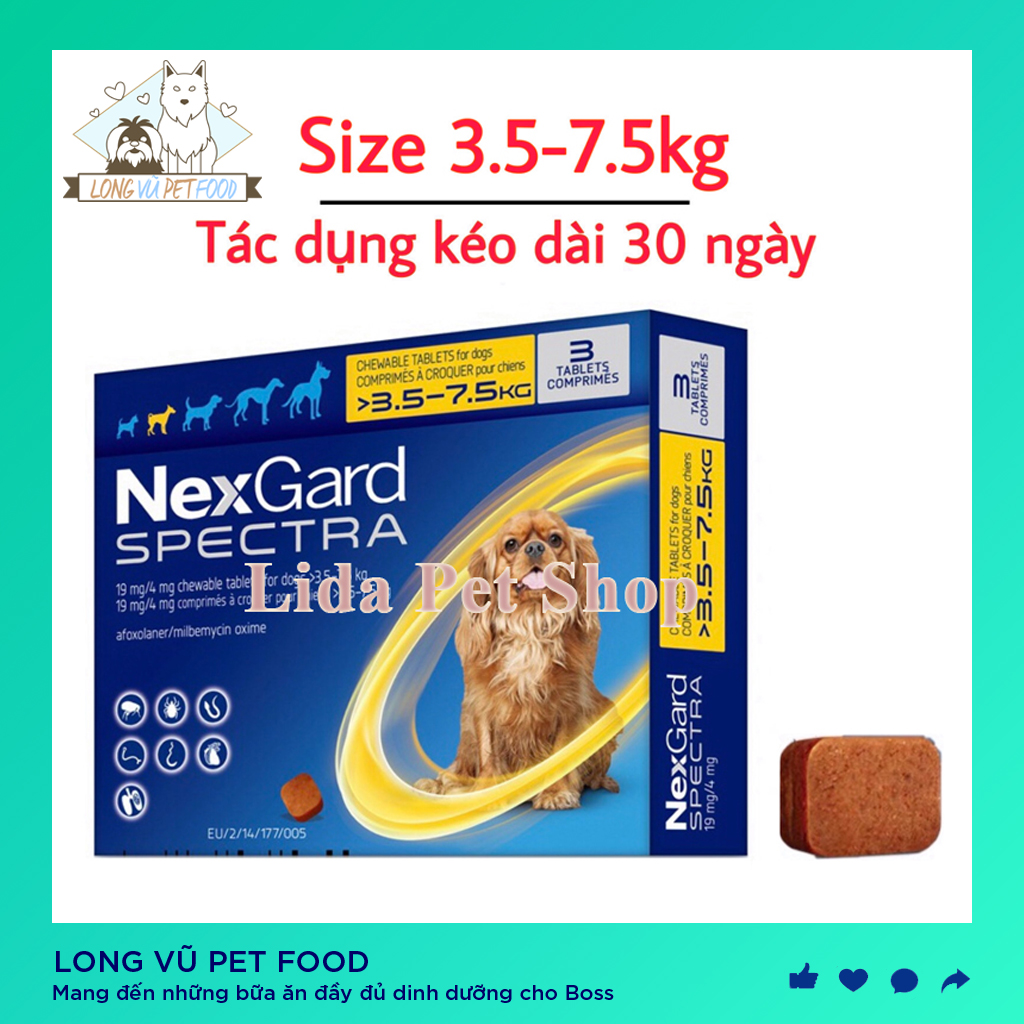  NEXGARD SPECTRA Thuốc trị ve ghẻ bọ chét demodex tẩy giun cho chó - Hộp 3 viên  size 3.5-7.5kg  - Long Vũ Pet Food 