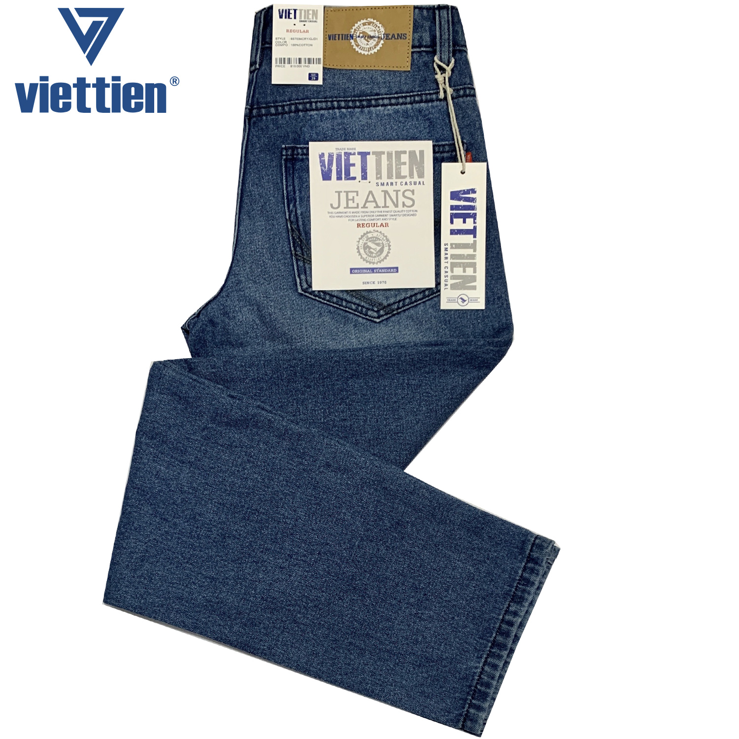 Viettien - Quần Jeans nam cao cấp dài Regular Màu Xanh 100% Cotton Không