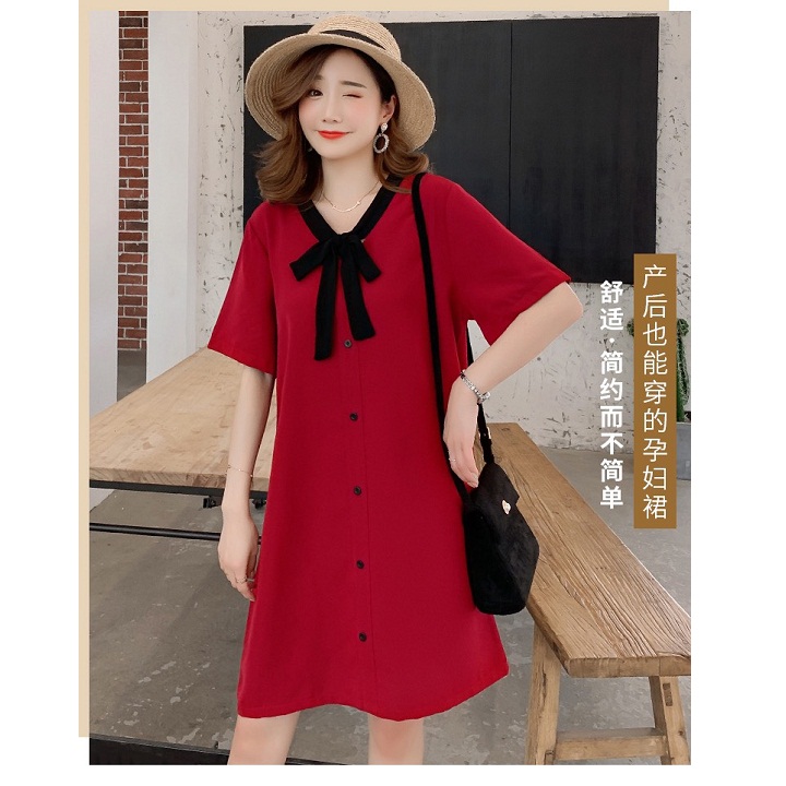 Đầm bầu suông đỏ nơ đen