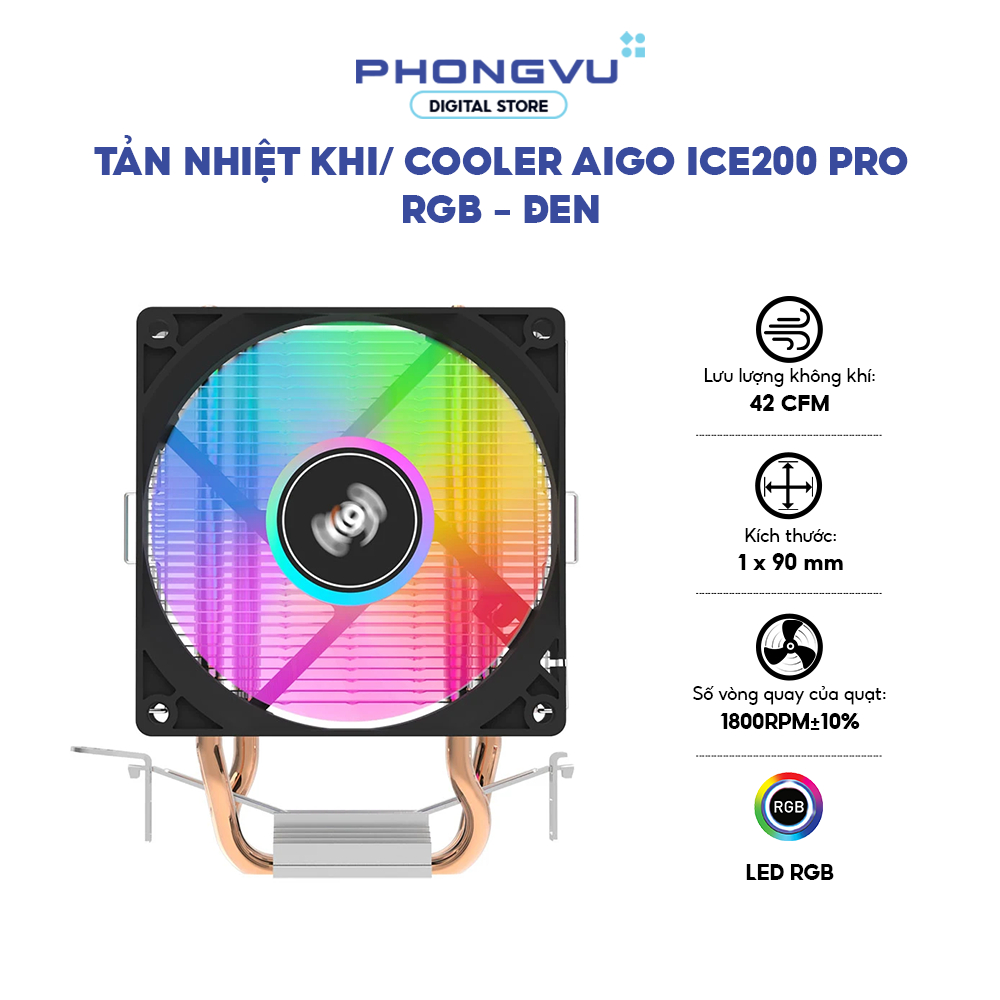 Aigo Ice200 Pro Rgb Air Cooler - Black - 90mm Fan - Supports Lga 1700/Am5 Socket - 36-Month Warranty Giá 179,000 Đồng*Miễn phí vận chuyển