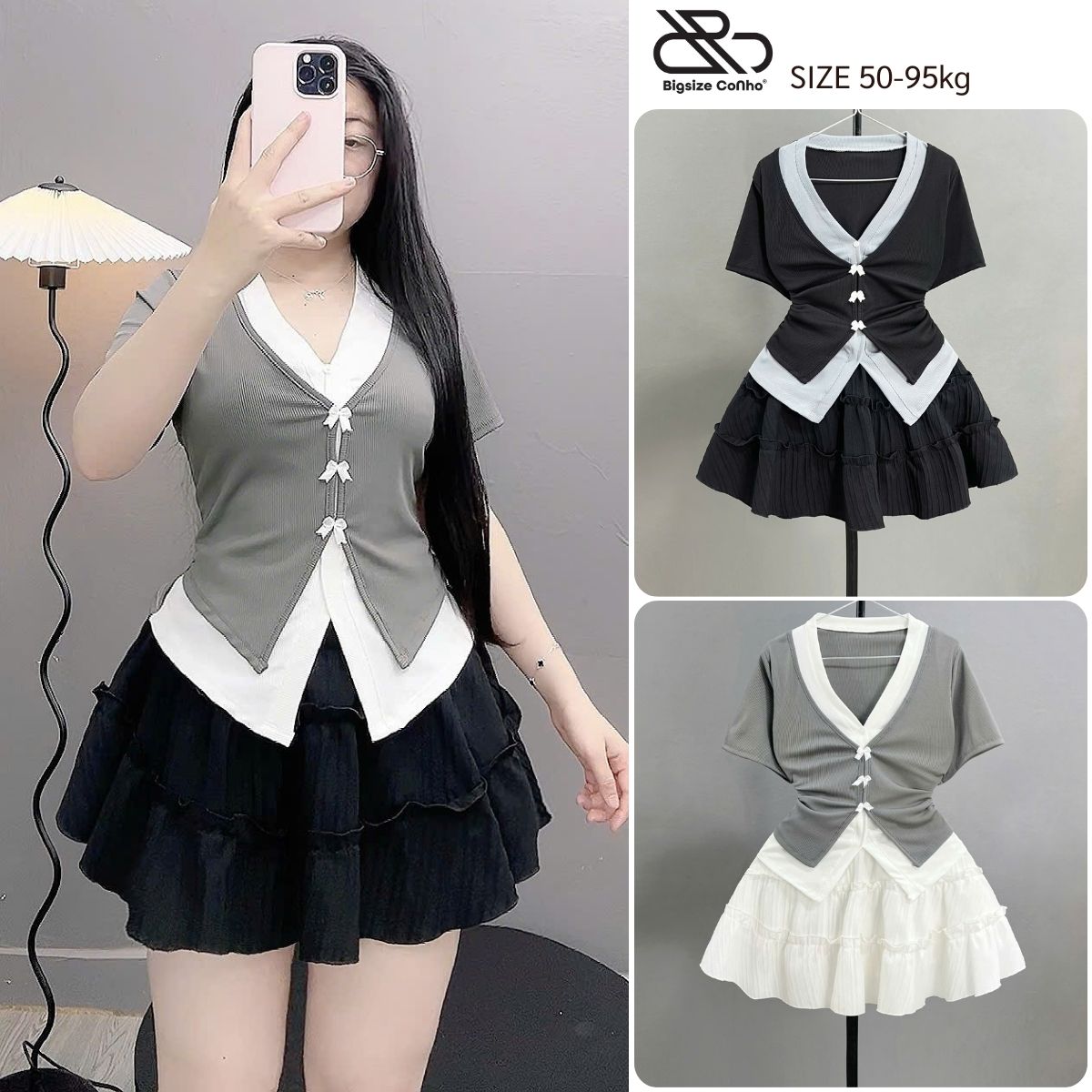 Set bộ Bigsize Nữ áo kiểu tay ngắn cổ tim phối viền gắn nơ mix chân váy bèo có quần bảo hộ size 60-92kg - SET977