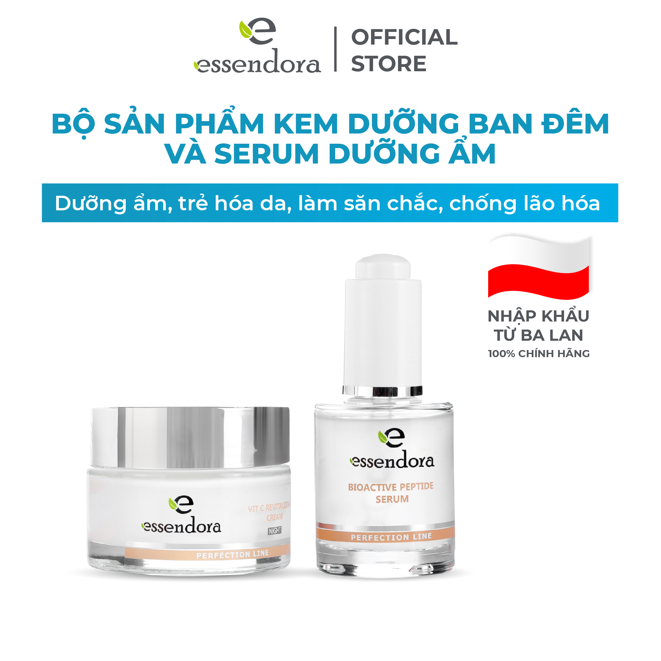 Bộ sản phẩm kem dưỡng ban đêm và serum dưỡng ẩm nuôi dưỡng và trẻ hoá toàn diện làn da Essendora