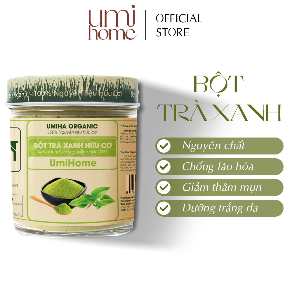 Bột Trà Xanh đắp mặt nạ hữu cơ UMIHOME 135g nguyên chất - Giúp trắng da, sạch mụn thâm, ngừa lão hóa, mờ nếp nhăn
