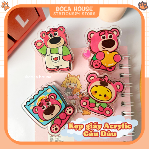 Kẹp giấy note gấu dâu nhựa acrylic, kẹp tài liệu hai mặt gấu lotso dễ thương